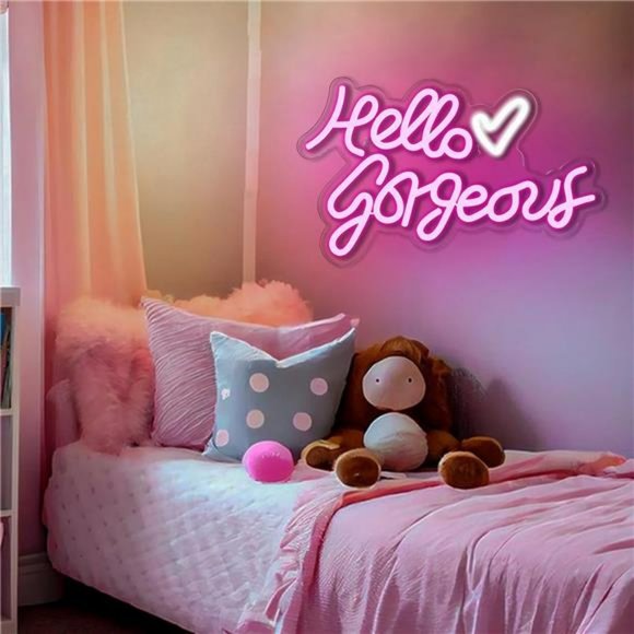 "Hello Gorgeous" Hot Pink Bright Neon LED Wall Sign for Room Decor Cute - Picture 4 of 7